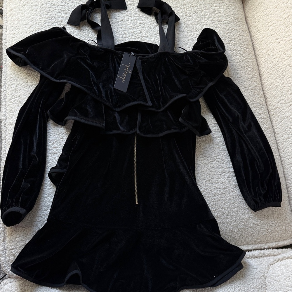 Petersyn Womens Black Velvet Tasha Velvet Ruffle Off-Shoulder Dress Size XS - Picture 9 of 9